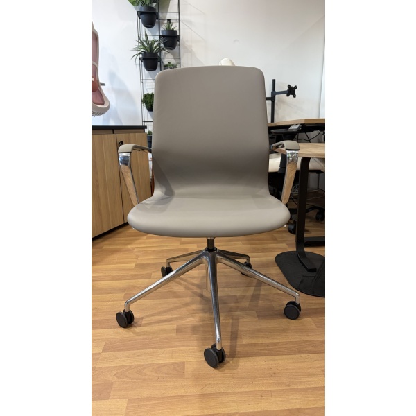 Front view of the Baye Leather Chair with premium leather upholstery, chrome armrests, and a polished aluminium five-star caster base.